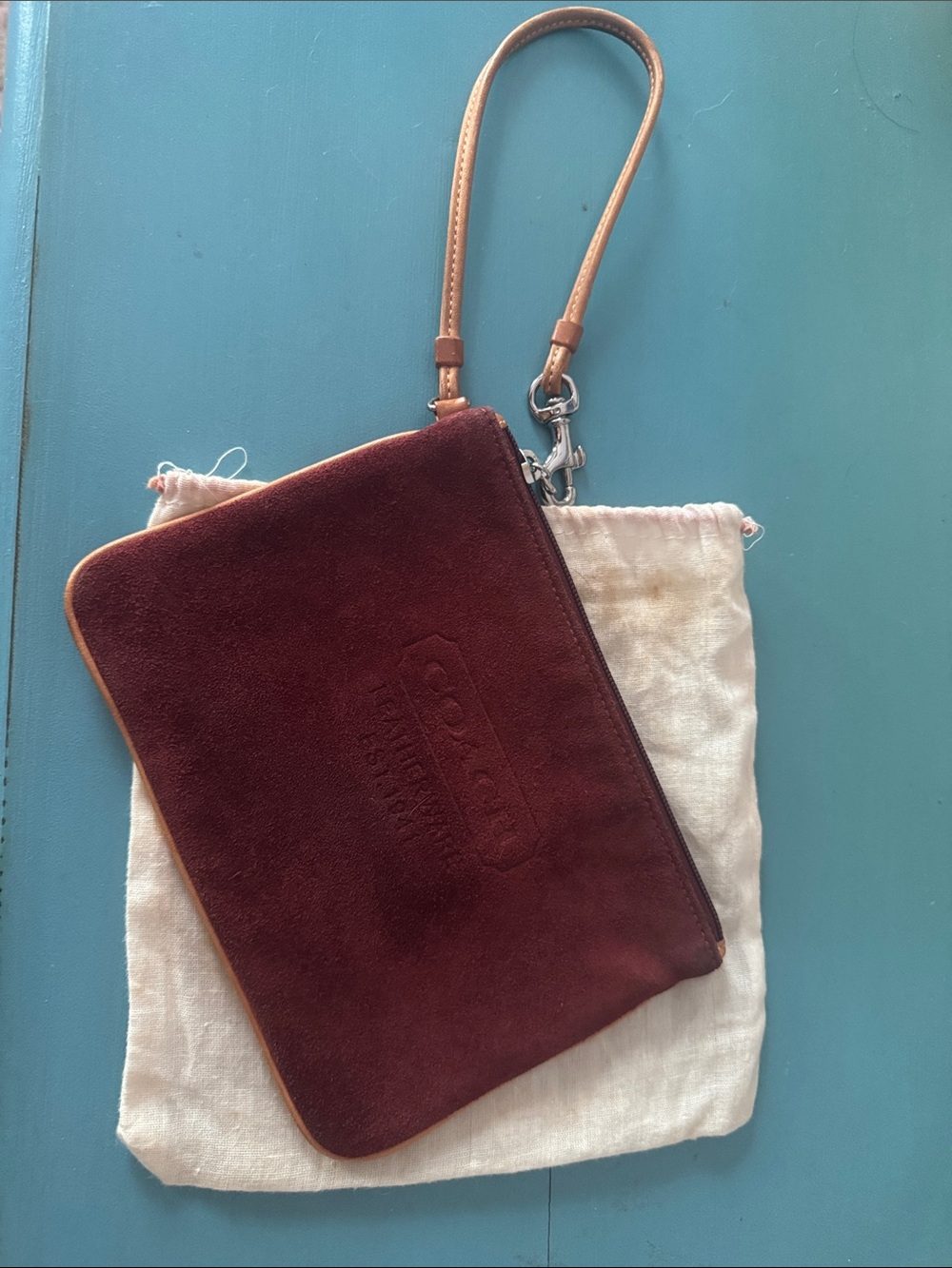 Coach Burgundy Suede Wristlet with Tan Leather Strap